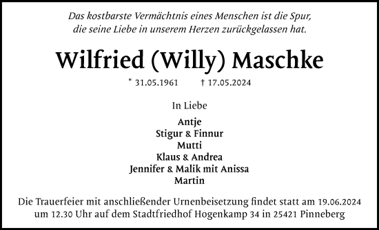 Traueranzeige von Wilfried  Maschke von Region Pinneberg und tip Pinneberg