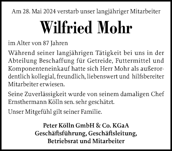Traueranzeige von Wilfried Mohr von Elmshorner Nachrichten, Barmstedter Zeitung