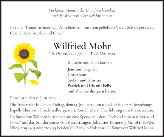 Traueranzeige von Wilfried Mohr von Elmshorner Nachrichten, Barmstedter Zeitung