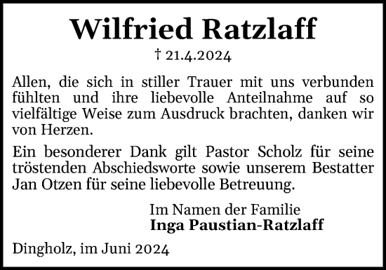 Traueranzeige von Wilfried Ratzlaff von Flensburger Tageblatt