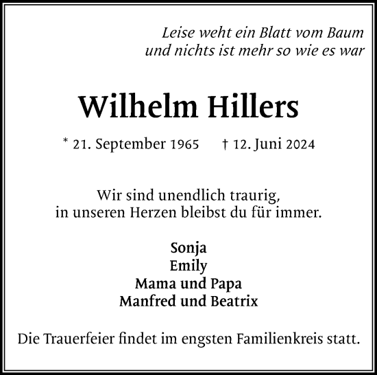 Traueranzeige von Wilhelm Hillers von Region Pinneberg und tip Pinneberg