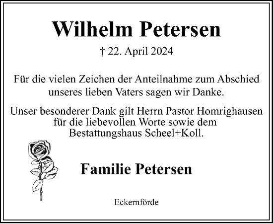 Traueranzeige von Wilhelm Petersen von Eckernförder Zeitung, Hallo Eckernförde