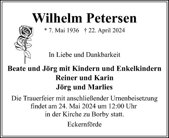 Traueranzeige von Wilhelm Petersen von Eckernförder Zeitung, Hallo Eckernförde