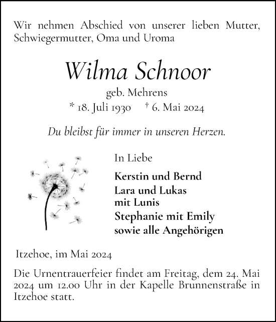 Traueranzeige von Wilma Schnoor von Norddeutsche Rundschau, Wilstersche Zeitung, Glückstädter Fortuna