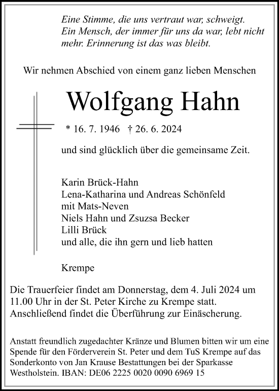 Traueranzeige von Wolfgang Hahn von Norddeutsche Rundschau, Wilstersche Zeitung, Glückstädter Fortuna