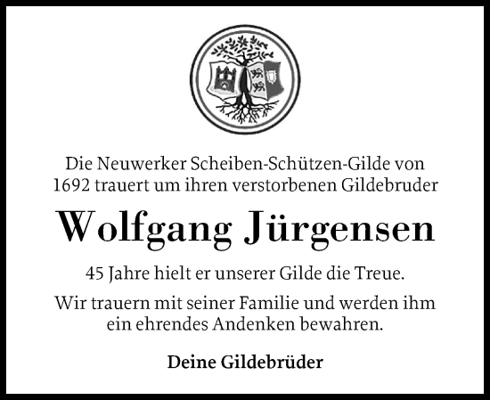 Traueranzeige von Wolfgang Jürgensen von Schleswig-Holsteinische Landeszeitung