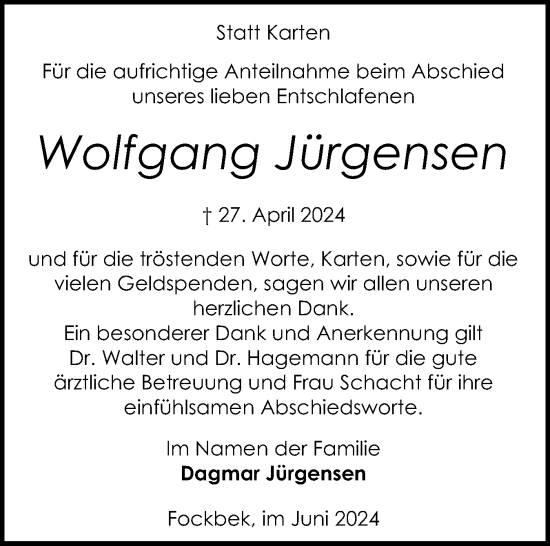 Traueranzeige von Wolfgang Jürgensen von Schleswig-Holsteinische Landeszeitung