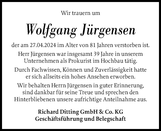 Traueranzeige von Wolfgang Jürgensen von Schleswig-Holsteinische Landeszeitung