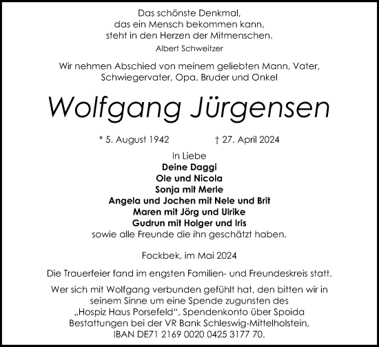 Traueranzeige von Wolfgang Jürgensen von Schleswig-Holsteinische Landeszeitung