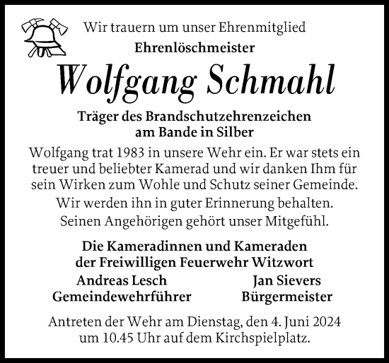 Traueranzeige von Wolfgang Schmahl von Husumer Nachrichten, Nordfriesland Tageblatt