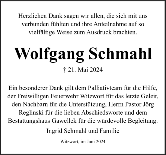 Traueranzeige von Wolfgang Schmahl von Husumer Nachrichten, Nordfriesland Tageblatt