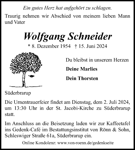 Traueranzeige von Wolfgang Schneider von Schleswiger Nachrichten, Schlei-Bote