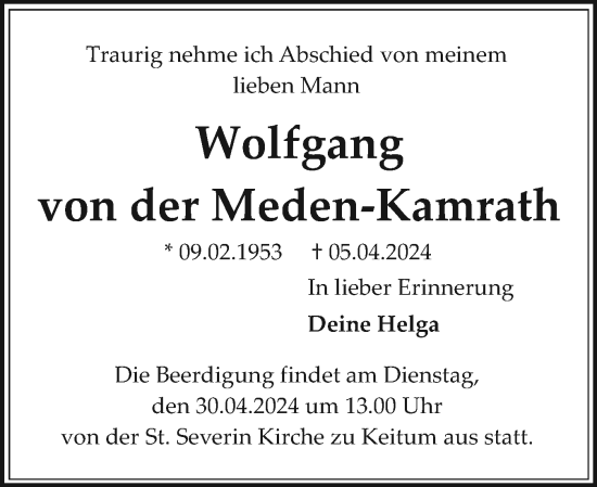 Traueranzeige von Wolfgang von der Meden-Kamrath von Sylter Rundschau