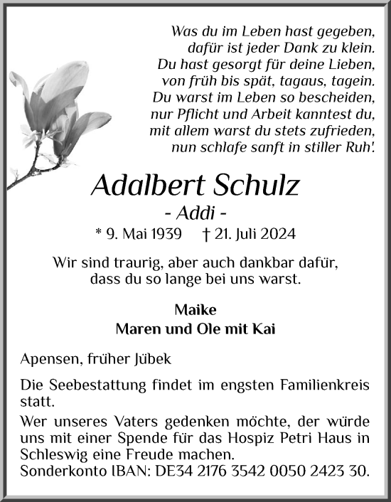 Traueranzeige von Adalbert Schulz von Schleswiger Nachrichten, Schlei-Bote