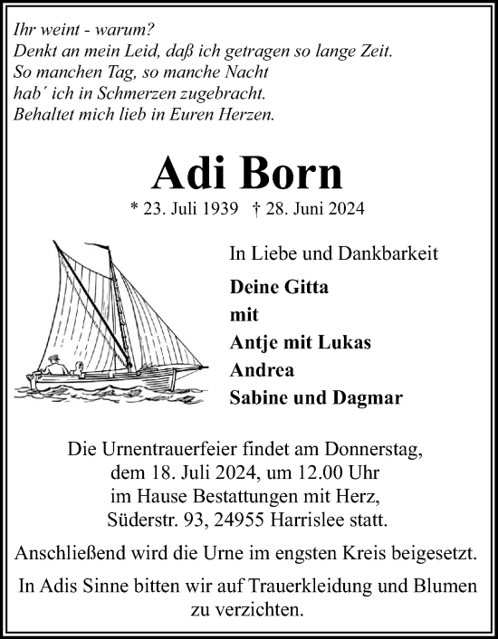 Traueranzeige von Adi Born von Flensburger Tageblatt