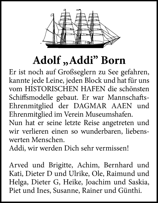 Traueranzeige von Adolf Born von Flensburger Tageblatt