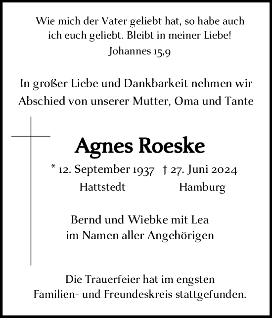 Traueranzeige von Agnes Roeske von Schleswig-Holsteinische Landeszeitung