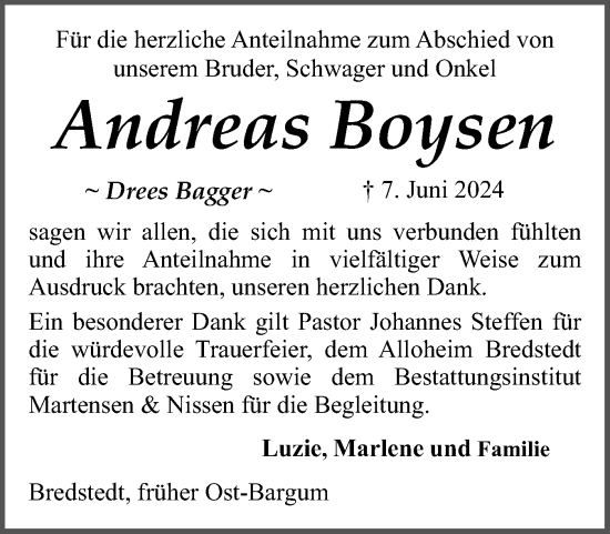 Traueranzeige von Andreas Boysen von Husumer Nachrichten, Nordfriesland Tageblatt