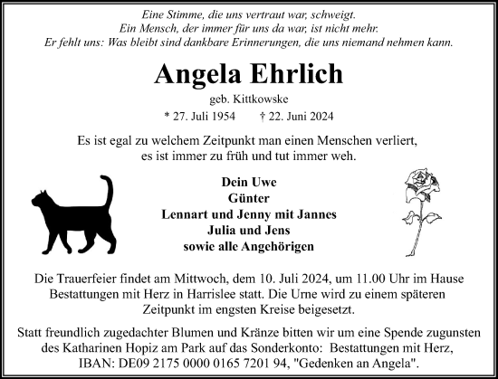 Traueranzeige von Angela Ehrlich von Flensburger Tageblatt