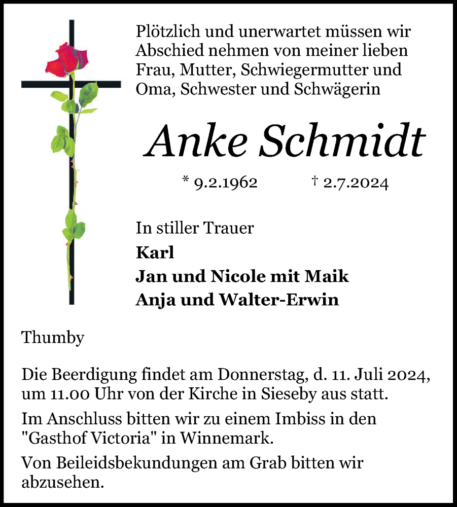  Traueranzeige für Anke Schmidt vom 06.07.2024 aus Eckernförder Zeitung