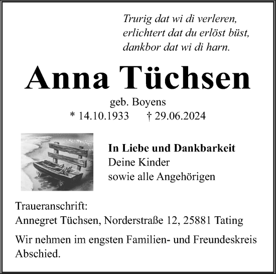 Traueranzeige von Anna Tüchsen von Husumer Nachrichten, Nordfriesland Tageblatt