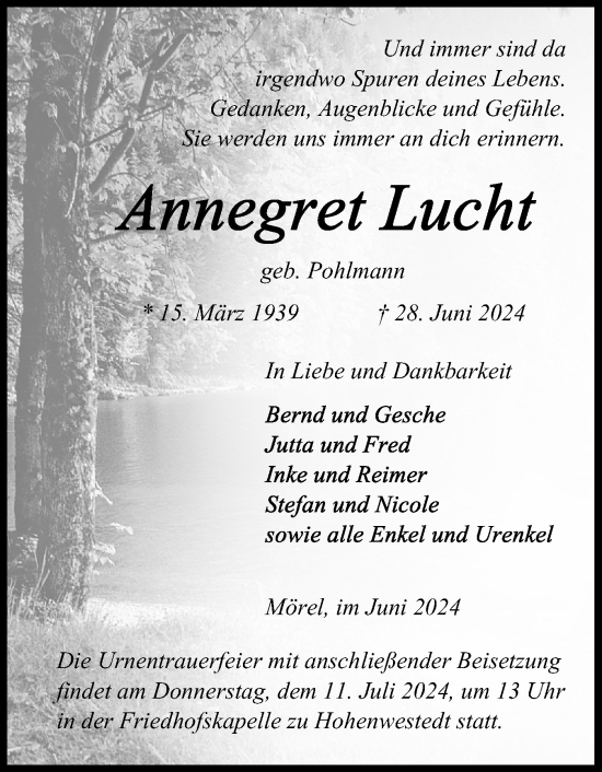 Traueranzeige von Annegret Lucht von Schleswig-Holsteinische Landeszeitung