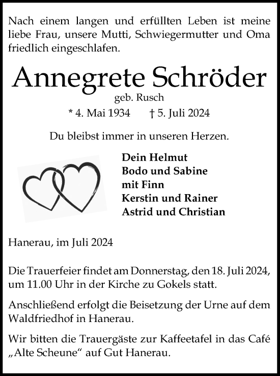 Traueranzeige von Annegrete Schröder von Schleswig-Holsteinische Landeszeitung