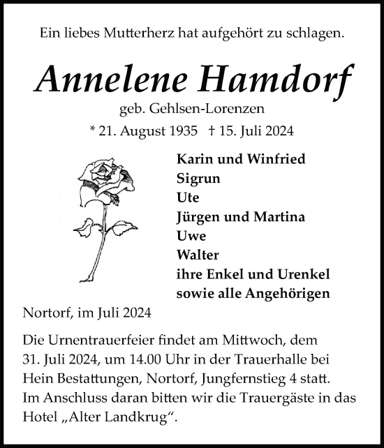 Traueranzeige von Annelene Hamdorf von Schleswig-Holsteinische Landeszeitung