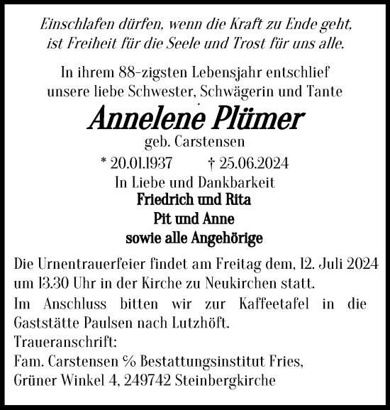 Traueranzeige von Annelene Plümer von Flensburger Tageblatt