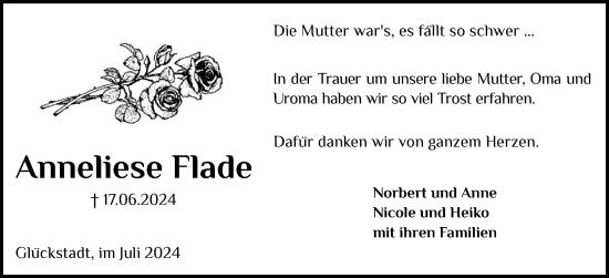 Traueranzeige von Anneliese Flade von Norddeutsche Rundschau, Wilstersche Zeitung, Glückstädter Fortuna