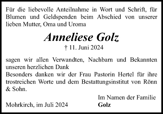 Traueranzeige von Anneliese Golz von Flensburger Tageblatt, Schleswiger Nachrichten, Schlei-Bote