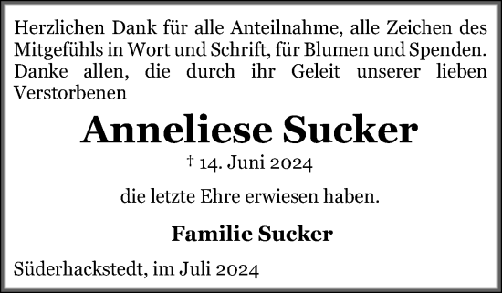 Traueranzeige von Anneliese Sucker von Region Flensburg