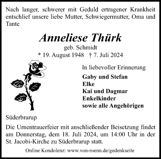 Traueranzeige von Anneliese Thürk von Schleswiger Nachrichten, Schlei-Bote