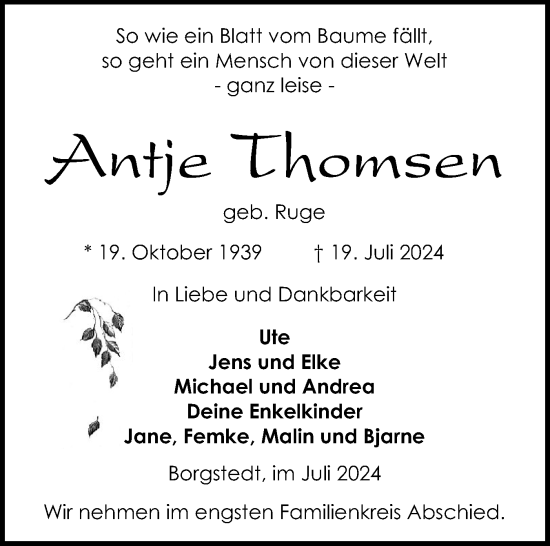 Traueranzeige von Antje Thomsen von Schleswig-Holsteinische Landeszeitung