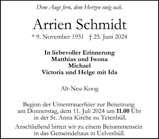 Traueranzeige von Arrien Schmidt von Husumer Nachrichten, Nordfriesland Tageblatt