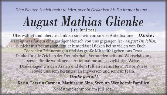 Traueranzeige von August Mathias Glienke von Husumer Nachrichten, Nordfriesland Tageblatt
