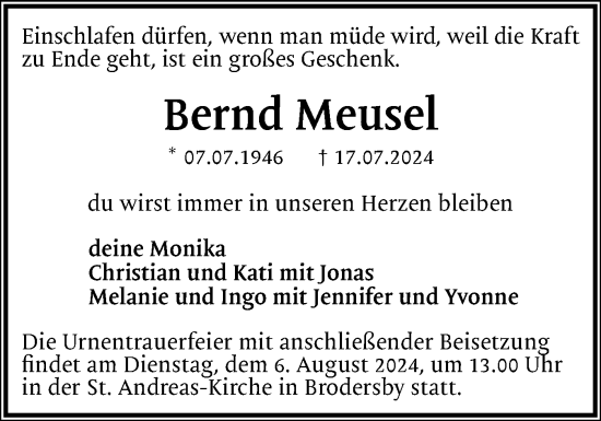 Traueranzeige von Bernd Meusel von Schleswiger Nachrichten, Schlei-Bote