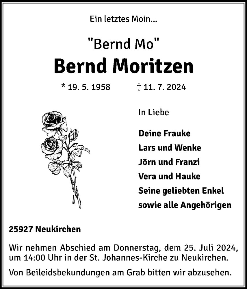  Traueranzeige für Bernd Moritzen vom 18.07.2024 aus Husumer Nachrichten, Nordfriesland Tageblatt