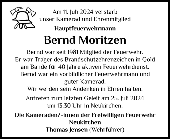 Traueranzeige von Bernd Moritzen von Husumer Nachrichten, Nordfriesland Tageblatt