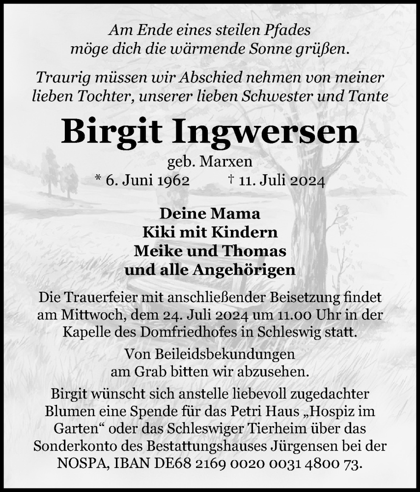  Traueranzeige für Birgit Ingwersen vom 20.07.2024 aus Schleswiger Nachrichten, Schlei-Bote