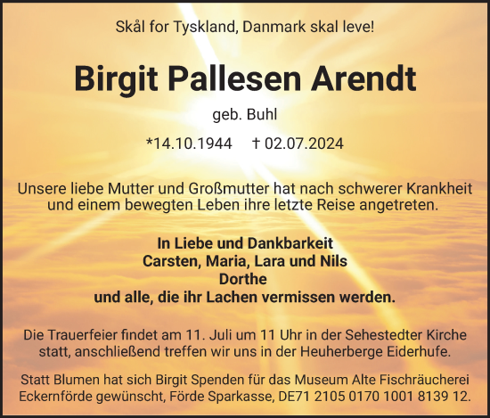 Traueranzeige von Birgit Pallesen Arendt von Eckernförder Zeitung, Hallo Eckernförde
