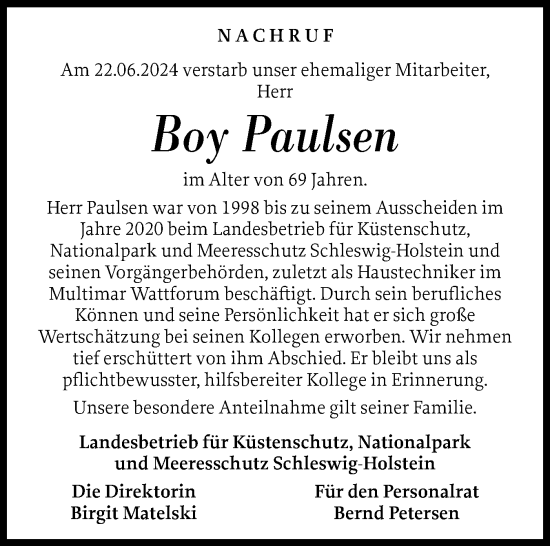 Traueranzeige von Boy Paulsen von Region Westküste