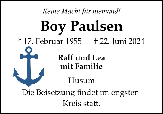 Traueranzeige von Boy Paulsen von Husumer Nachrichten, Nordfriesland Tageblatt