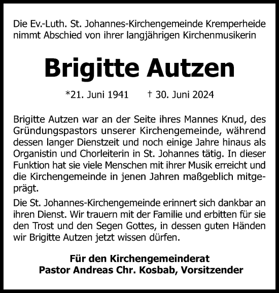 Traueranzeige von Brigitte Autzen von Norddeutsche Rundschau, Wilstersche Zeitung, Glückstädter Fortuna