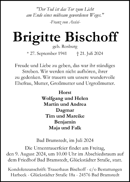 Traueranzeige von Brigitte Bischoff von Holsteinischer Courier