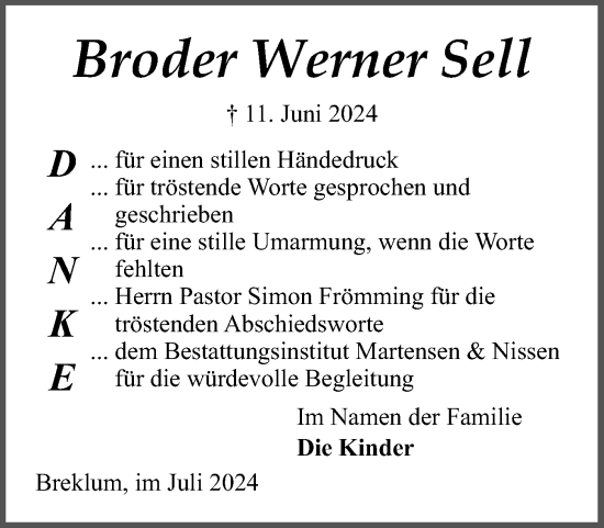 Traueranzeige von Broder Werner Sell von Husumer Nachrichten, Nordfriesland Tageblatt