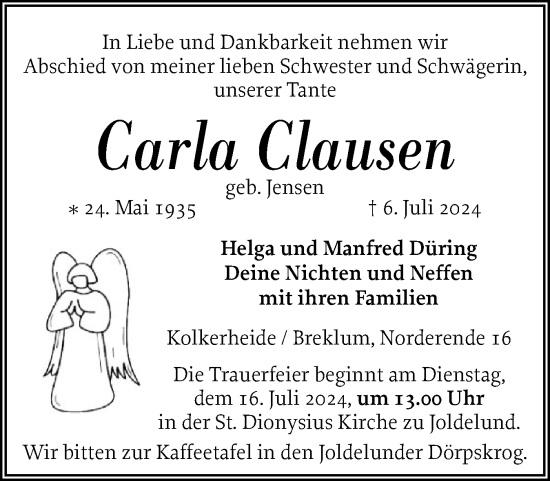 Traueranzeige von Carla Clausen von Husumer Nachrichten, Nordfriesland Tageblatt