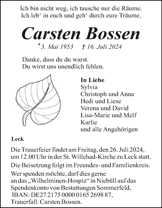 Traueranzeige von Carsten Bossen von Husumer Nachrichten, Nordfriesland Tageblatt