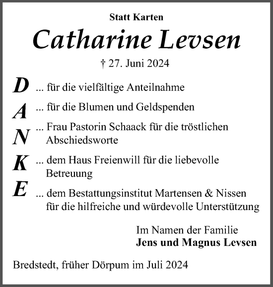 Traueranzeige von Catharine Levsen von Husumer Nachrichten, Nordfriesland Tageblatt