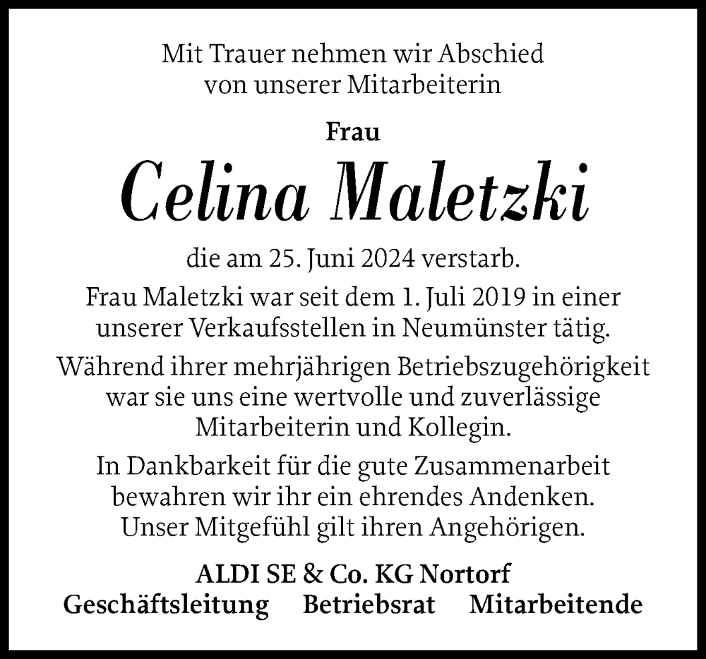  Traueranzeige für Celina Maletzki vom 13.07.2024 aus Holsteinischer Courier